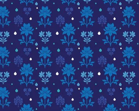 Blue Floral Pattern with Raindrops on Dark Background Stock Illustration