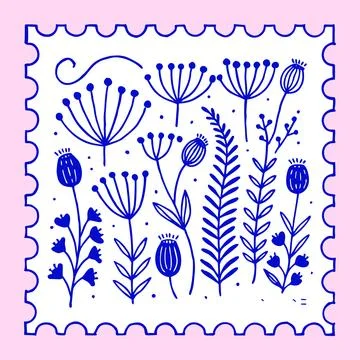 Blue floral pattern on white background with scalloped border flowers plant. Stock Illustration