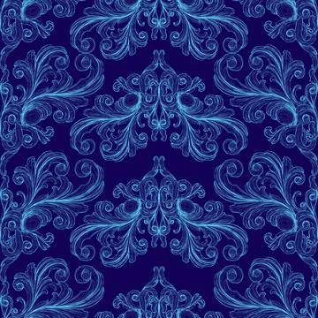 Blue floral patterned fabric with a blue background. The blue pattern is very イラスト素材