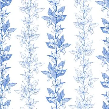 Blue floral seamless pattern. Monochrome watercolor background Stock Illustration