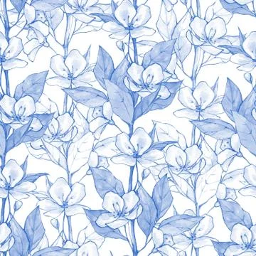 Blue floral seamless pattern. Monochrome watercolor background Stock Illustration