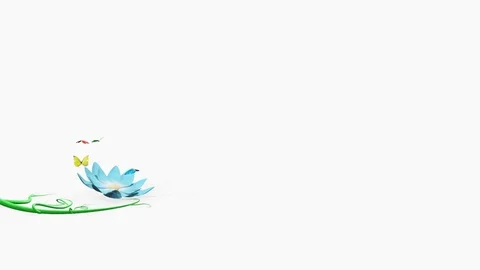 A blue flower grows, opens and butterflies fly out of it on a white background Stock Footage 74577321