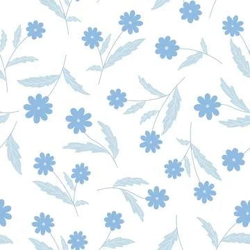 Blue flower leaf seamless pattern field wild flat Illustrazione stock