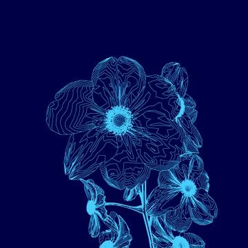 Blue flower with a stem is shown in a blue background. The flower is drawn in a Stock Illustration