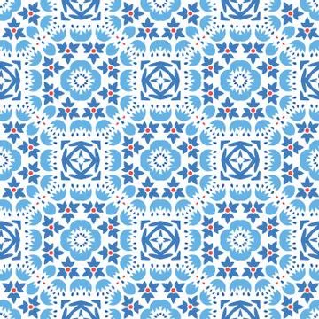 Blue Flower Tile Pattern Boho Ornament Stock Illustration