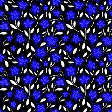 Blue flowers on a black background pattern Stock Illustration
