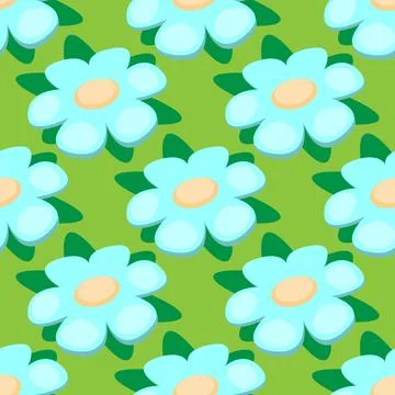 Blue flowers forget-me-not on a green background vector seamless pattern. Stock Illustration