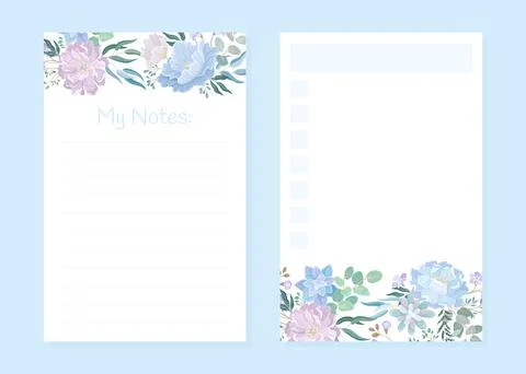 Blue Flowers Note Card Design with Blooming Flora Composition Vector Template Stock Illustration