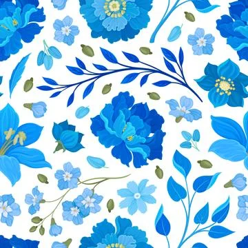 Blue Flowers Seamless Pattern Design with Blooming Flora and Twigs Vector Stock Illustration