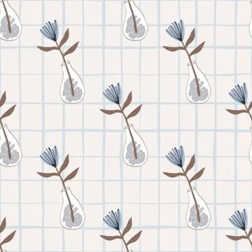 Blue flowers in a vases seamless pattern. Light background with check. Minima 스톡 일러스트
