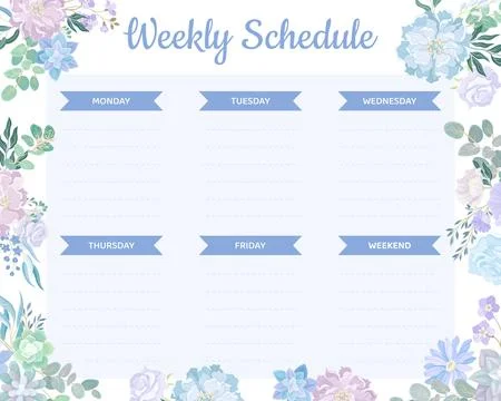 Blue Flowers Weekly Schedule Design with Blooming Flora Composition Vector Illustration