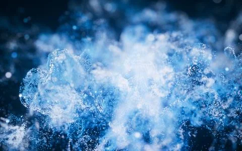 Blue flowing particles with explosive wave effect, 3d rendering. イラスト素材