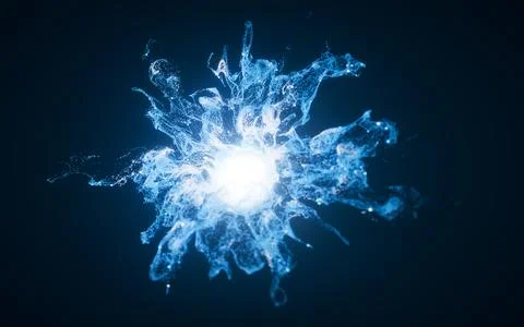 Blue flowing particles with explosive wave effect, 3d rendering. Stock Illustration