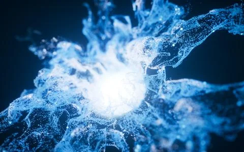Blue flowing particles with explosive wave effect, 3d rendering. イラスト素材