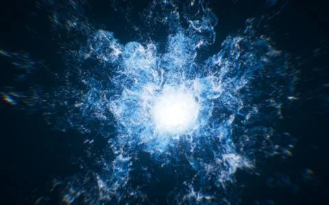 Blue flowing particles with explosive wave effect, 3d rendering. Stock Illustration