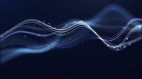 Blue flowing wave lines with glowing particles on dark background. Abstract.. Stock Illustration