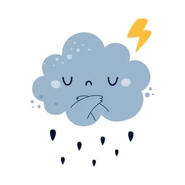 Blue Fluffy Cloud with Grumpy Face and Folded Arms Pouring Rain Drop and Stock Illustration