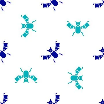Blue Flying bat icon isolated seamless pattern on white background. Happy Illustrazione stock