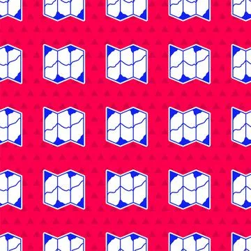 Blue Folded map icon isolated seamless pattern on red background. Vector Stock Illustration