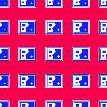 Blue Folded map icon isolated seamless pattern on red background. Vector Stock Illustration