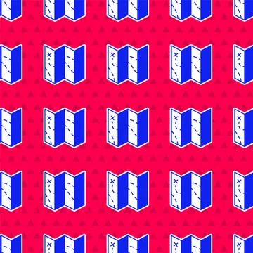 Blue Folded map icon isolated seamless pattern on red background. Vector Stock Illustration