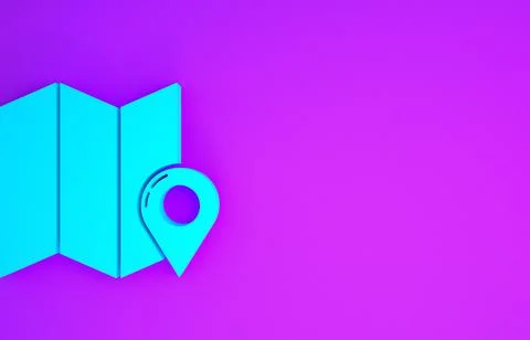 Blue Folded map with location marker icon isolated on purple background. Mini 스톡 일러스트