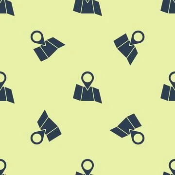 Blue Folded map with location marker icon isolated seamless pattern on yellow 스톡 일러스트