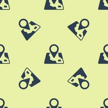 Blue Folded map with location marker icon isolated seamless pattern on yellow Illustrazione stock