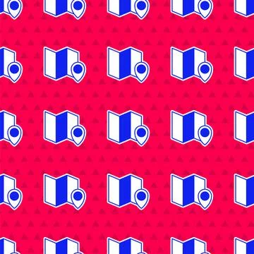 Blue Folded map with location marker icon isolated seamless pattern on red Stock Illustration