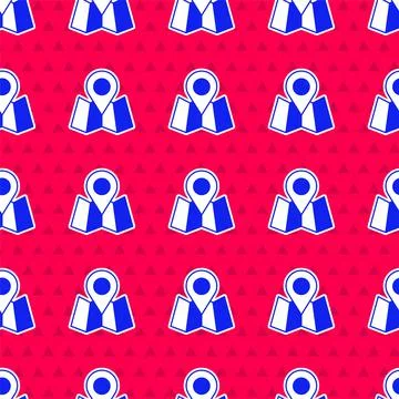Blue Folded map with location marker icon isolated seamless pattern on red Illustrazione stock