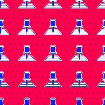 Blue Folded map with location marker icon isolated seamless pattern on red Stock Illustration