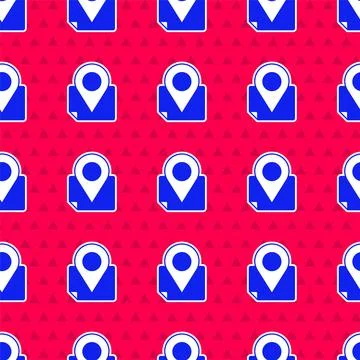 Blue Folded map with location marker icon isolated seamless pattern on red ba Illustrazione stock