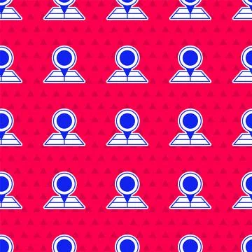 Blue Folded map with location marker icon isolated seamless pattern on red Stock Illustration