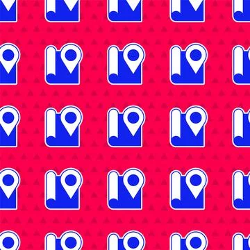 Blue Folded map with location marker icon isolated seamless pattern on red .. Illustrazione stock