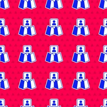 Blue Folded map with location marker icon isolated seamless pattern on red .. Stock Illustration