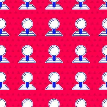 Blue Folded map with location marker icon isolated seamless pattern on red .. Stock Illustration