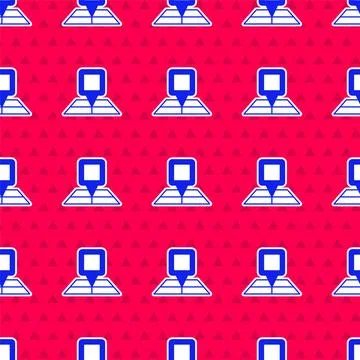 Blue Folded map with location marker icon isolated seamless pattern on red .. Stock Illustration