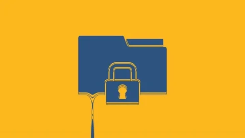 Blue Folder and lock icon isolated on orange background. Closed folder and Video stock 234014893