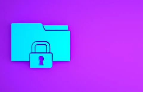 Blue Folder and lock icon isolated on purple background. Closed folder and pa Illustrazione stock