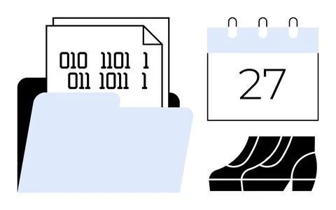 Blue folder with binary code papers, calendar showing 27, server icon in blac 스톡 일러스트