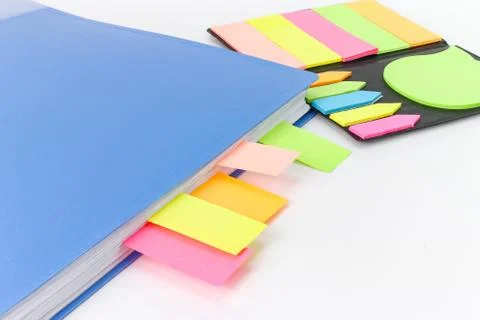 Blue folder document, color note paper isolated white background Photos