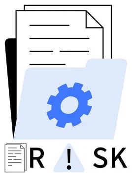 Blue folder with gear, documents, risk warning sign in triangle. Ideal for bu Stock Illustration