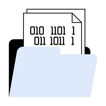Blue folder holding papers with binary code. Ideal for data management, digit イラスト素材