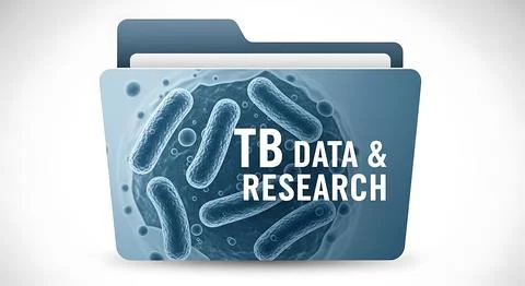 A blue folder icon with the text TB data and research, featuring a backgrou.. Stock Illustration