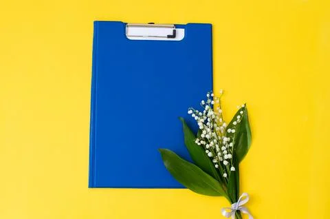 A blue folder as a template with a place to copy on a yellow table with lil.. Stock Photos