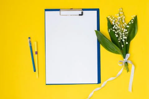 A blue folder a template with a place to copy on a yellow table with lilies.. Stock Photos