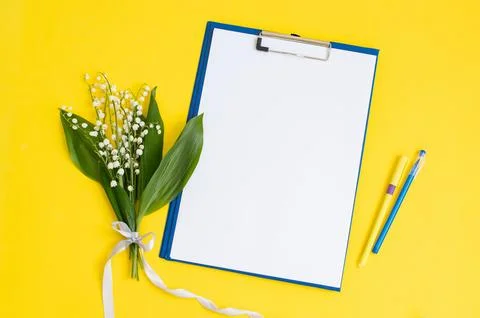 A blue folder as a template with a place to copy on a yellow table with lil.. Stock Photos