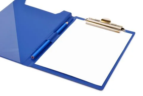 Blue folder with white sheet and pencil on it Stock Photos