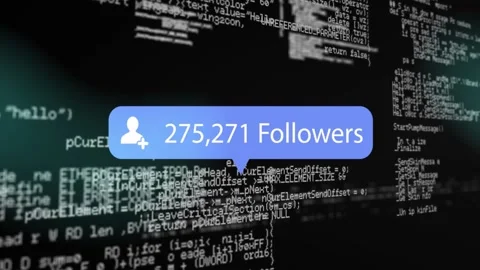 Blue follower bubble sliding in over scrolling code, updating counts for social Stock Footage 334040473
