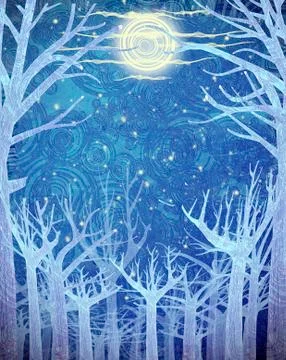 Blue forest and full moon Stock Illustration